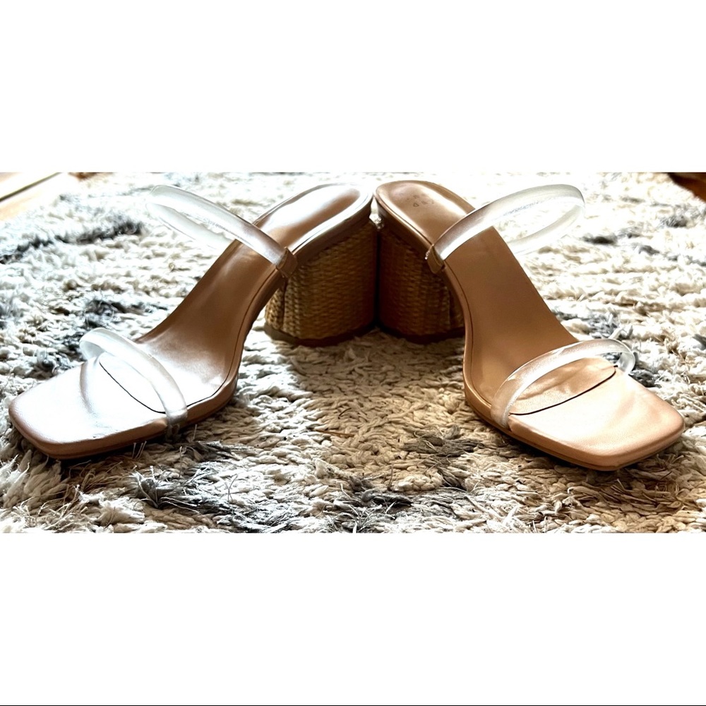 Worn once chunky heels, clear straps, straw/Bambo style heel.